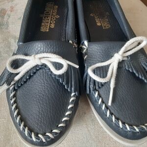 Minnetonka Blue and White Moccasins with Contrast Stitching